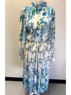 Flying Tomato Dress Women Med Blue/White Midi Floral Pleated Ruffle Long Sleeve